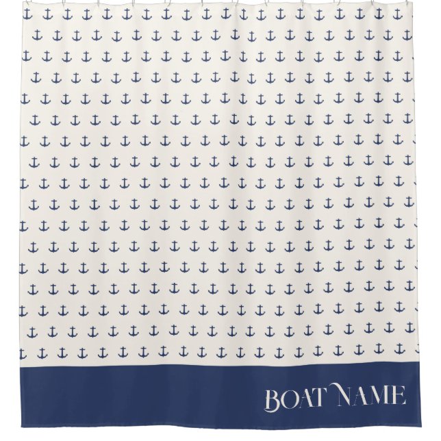 Nautical Anchor Coastal Stripes Navy Blue Cream Shower Curtain (Front)