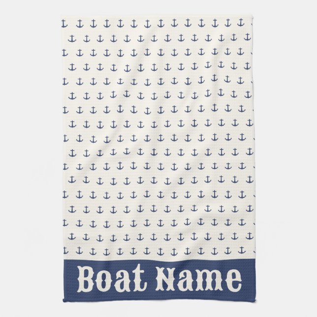 Nautical Anchor Coastal Stripes Navy Blue Cream Tea Towel (Vertical)