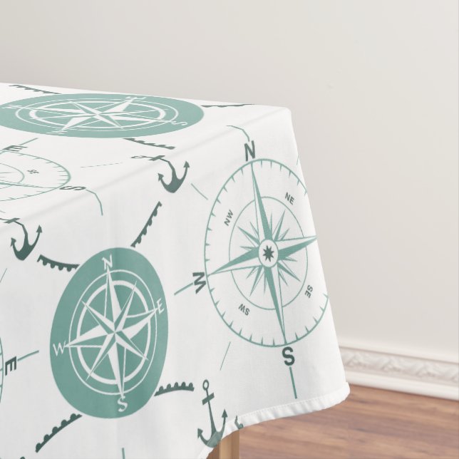 Nautical Anchor Compass sea green white ocean Tablecloth (In Situ)