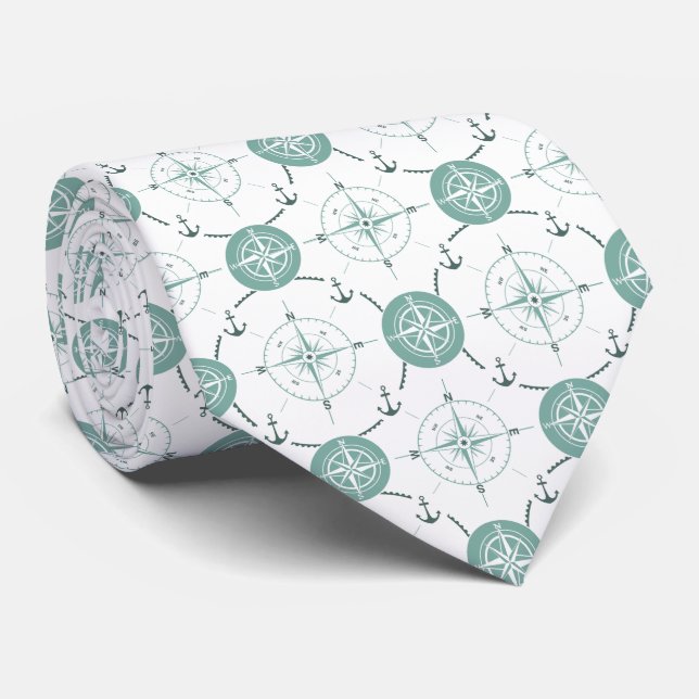 Nautical Anchor Compass sea green white ocean Tie (Rolled)