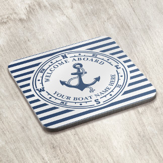 Nautical Anchor Compass Striped Boat Name Coaster