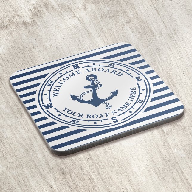 Nautical Anchor Compass Striped Boat Name Coaster (Creator Uploaded)