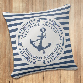 Nautical Anchor Compass Striped Boat Name Cushion