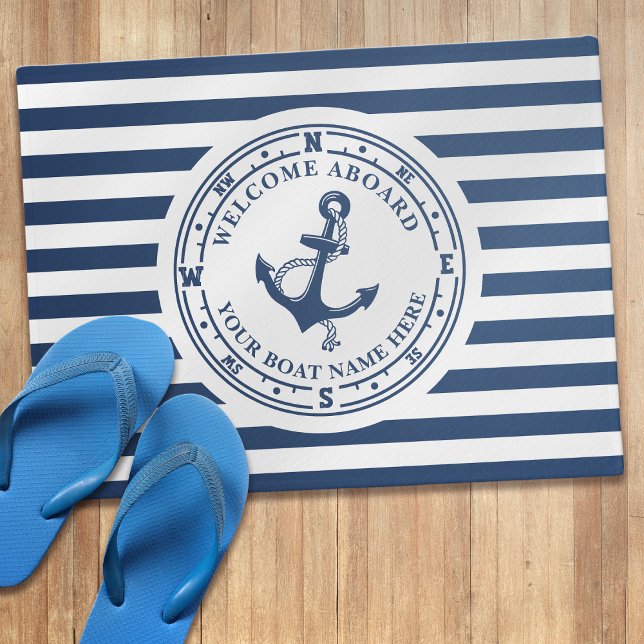 Nautical Anchor Compass Striped Boat Name Doormat (Creator Uploaded)