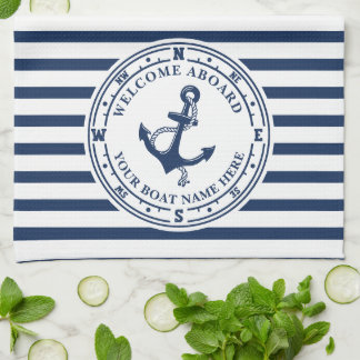 Nautical Anchor Compass Striped Boat Name Tea Towel