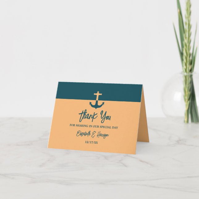 Nautical Anchor - Coral Blue - Beach Wedding Thank You Card (Front)