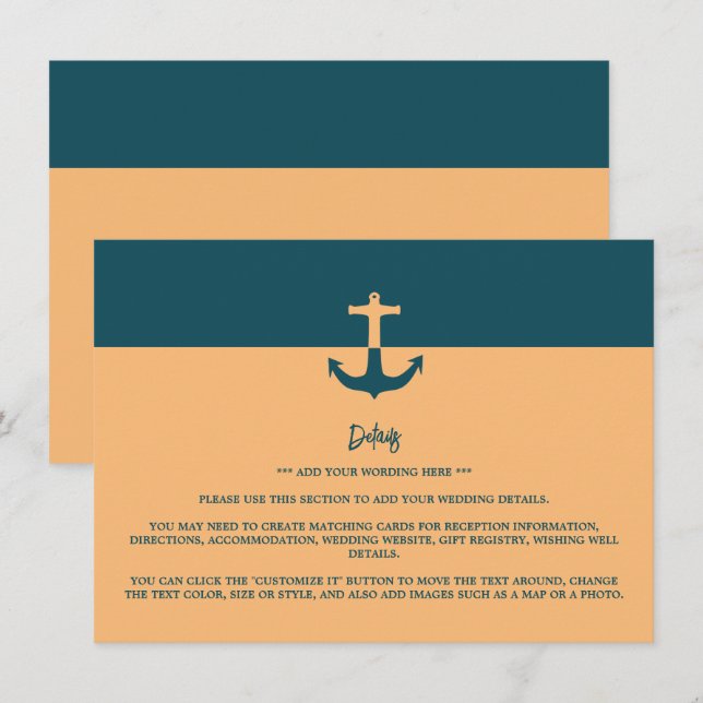Nautical Anchor - Coral Blue - Wedding Detail Enclosure Card (Front/Back)