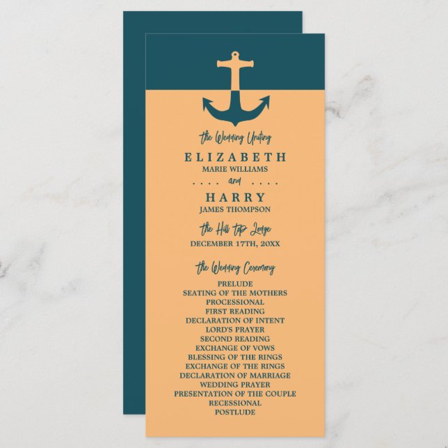 Nautical Anchor - Coral Blue - Wedding Programme Program (Front/Back)