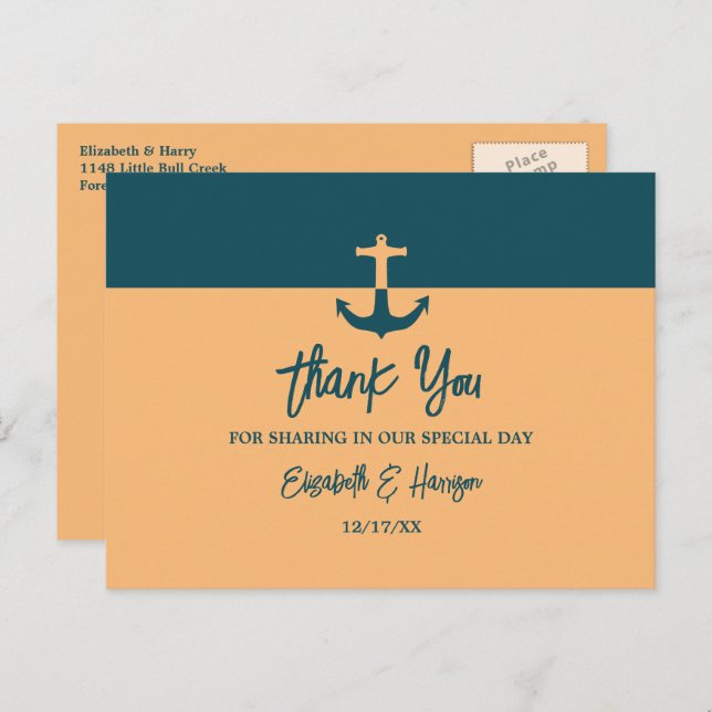 Nautical Anchor - Coral Blue - Wedding Thank You Postcard (Front/Back)