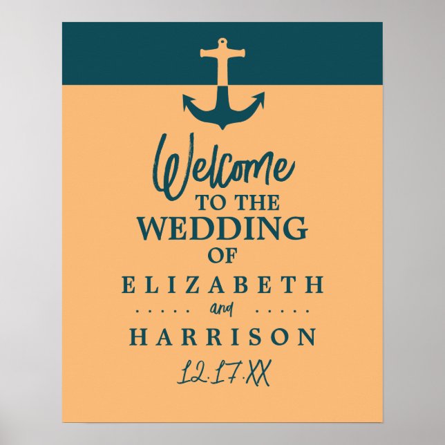 Nautical Anchor, Coral Blue, Wedding Welcome Poster (Front)