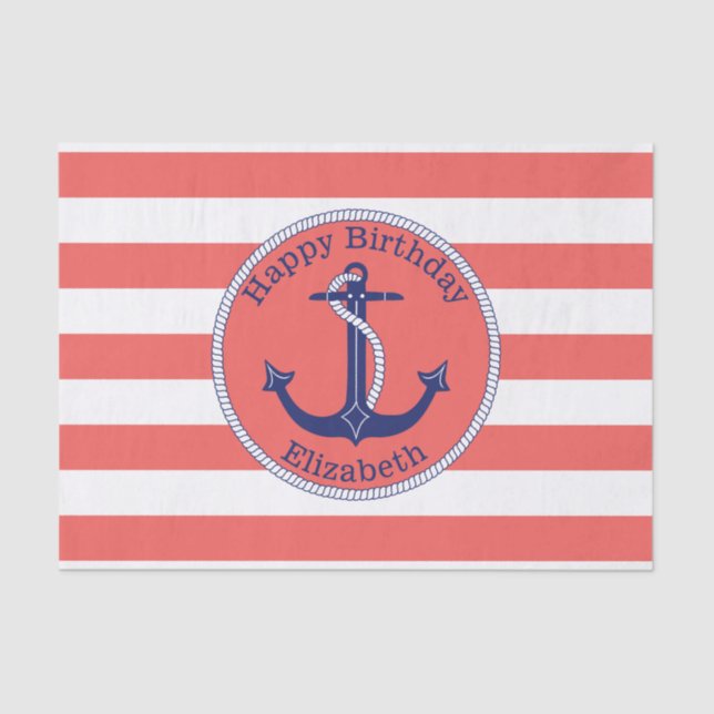 Nautical Anchor Coral Personalised Birthday Tissue Paper (Front)