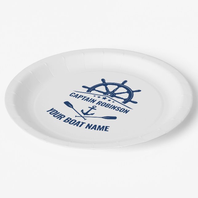 Nautical Anchor Crossed Oars & Ships Wheel White Paper Plate (Angled)