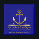 Nautical Anchor Cruise Ship Wedding Favour Navy Magnet<br><div class="desc">Custom, nautical anchor navy blue wedding favour magnet- Faux metallic gold anchor logo is centred with personalised names of just married couple in gold colour script lettering with a drop shadow. At the bottom is the name of the cruise ship and date. On a solid navy blue background, which may...</div>