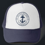 Nautical Anchor Custom Boat Name Sailing Trucker Hat<br><div class="desc">Add your boat name, and dock by clicking the "Personalise" button above. Set sail in style with our custom nautical-themed hat, the ultimate companion for your maritime adventures. This trucker hat boasts a cute design inspired by the ocean's wonders, featuring classic maritime motifs such as an anchor and rope. Whether...</div>