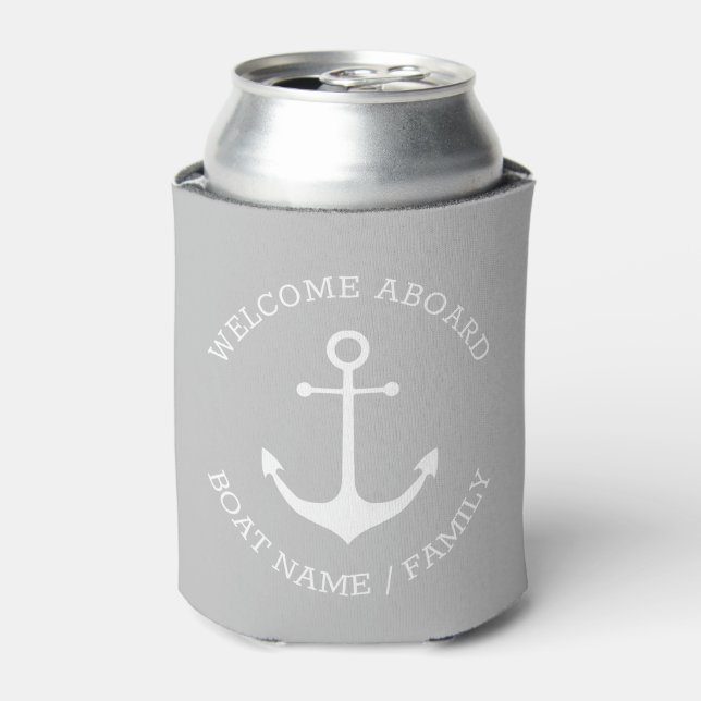 Nautical Anchor Custom Boat Name Welcome Aboard Can Cooler (Can Front)