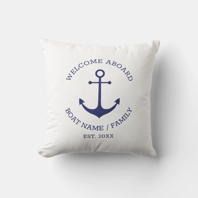 Nautical anchor Custom Boat name Welcome Aboard Cushion (Front)