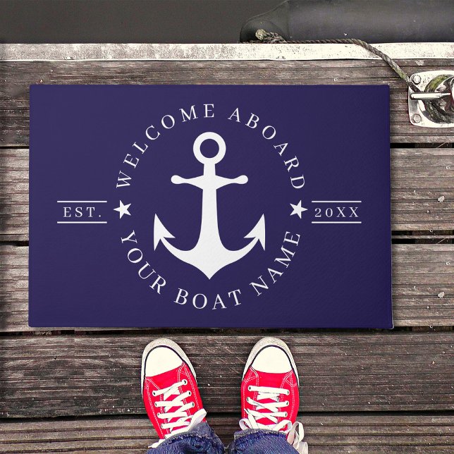 Nautical Anchor Custom Boat Name Welcome Doormat (Nautical Anchor Custom Boat Name Welcome Aboard Doormat)