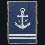 Nautical Anchor Custom Monograms Navy Throw Blanket<br><div class="desc">Elegant navy throw blanket featuring a nautical anchor in a vintage style.  Flanking both sides are monograms of the bride and groom,  or possibly your first and last name monograms.  All elements are customisable simply use the customisation function.</div>