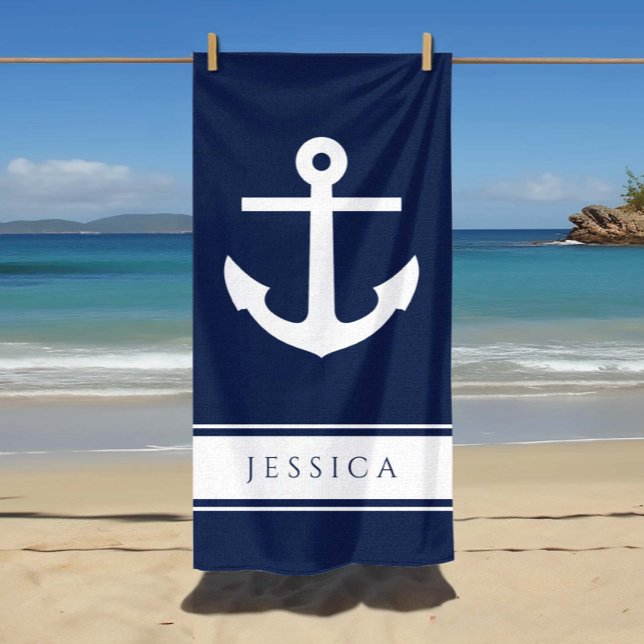 Nautical Anchor Custom Name Navy Blue  Beach Towel (Nautical Anchor Custom Name Navy Blue Beach Towel)