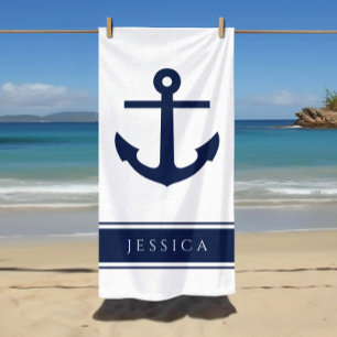 Nautical Anchor Custom Name Powder Blue Beach Towel