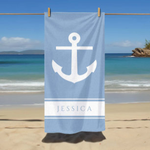 Nautical Anchor Custom Name Powder Blue Beach Towel