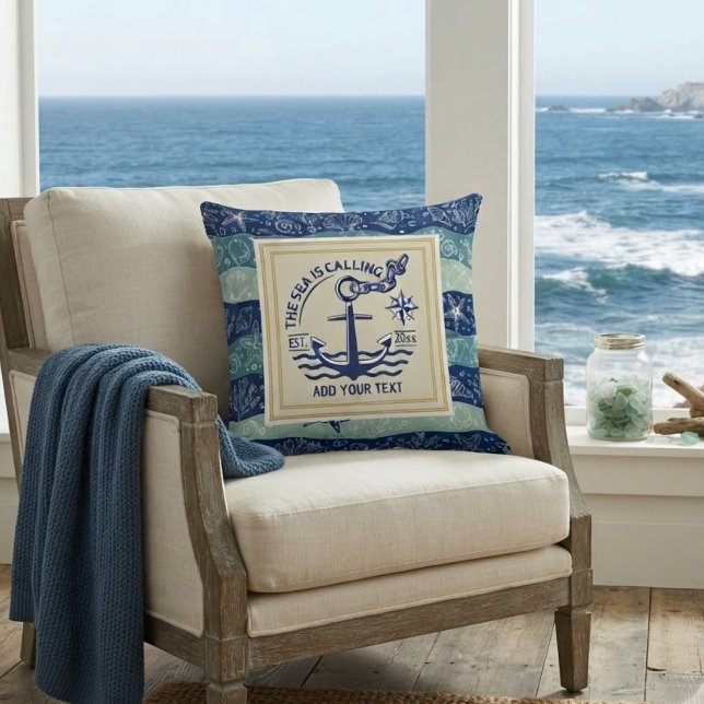 Nautical Anchor Custom Text Ocean Waves Coastal Cushion (Creator Uploaded)