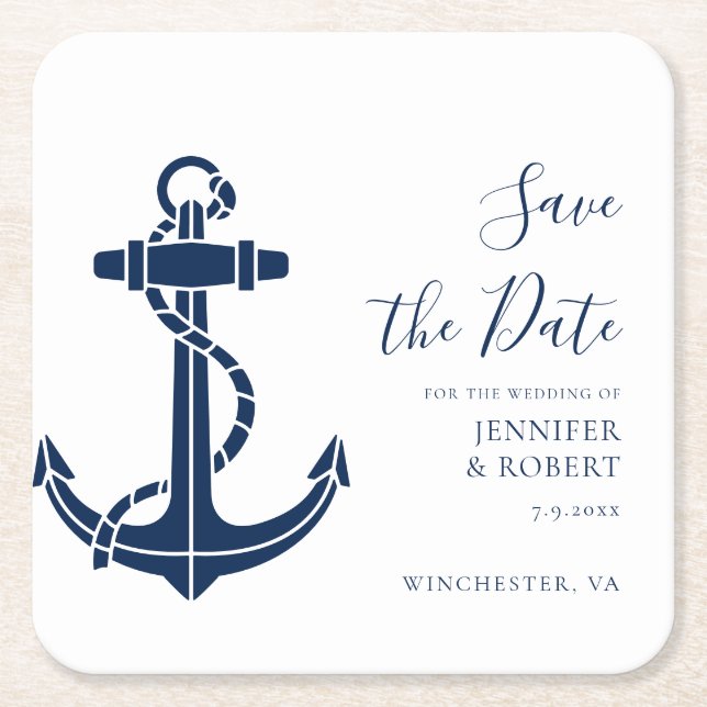 Nautical Anchor Custom Wedding Save the Date Square Paper Coaster (Front)