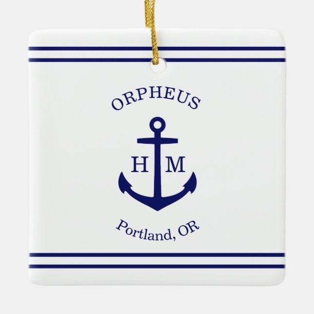 Nautical Anchor Custom (white & blue) Ceramic Ornament (Front)