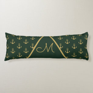 Nautical Anchor Dark Forest Green Gold Monogram Body Cushion