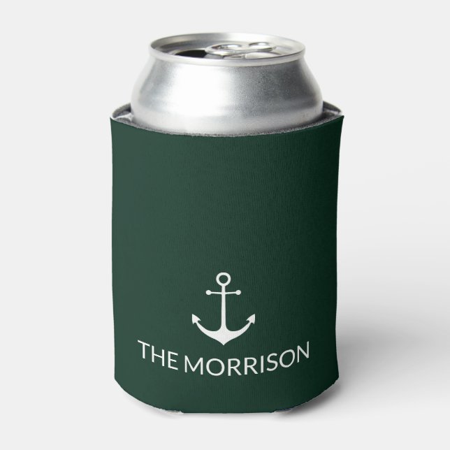 Nautical anchor dark pine green custom Boat Name  Can Cooler (Can Front)