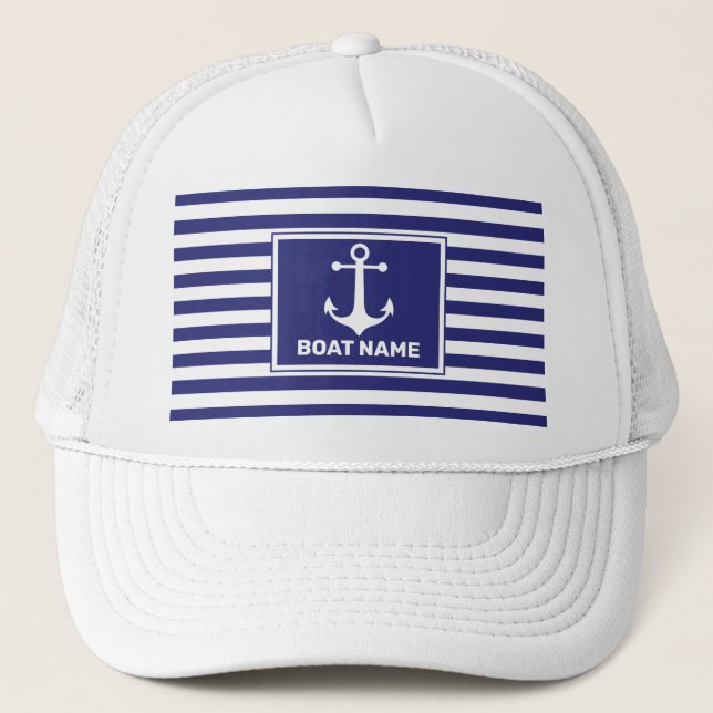 Nautical Anchor Design Navy Blue Striped Hat (Front)