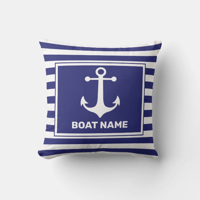 Nautical Anchor Design Navy Blue White Stripe Pill Cushion (Front)