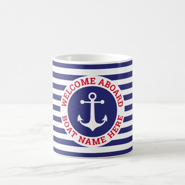 Nautical Anchor Design Navy Blue with White Stripe Coffee Mug (Center)