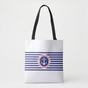 Nautical Anchor Design with Navy Stripes Tote Bag