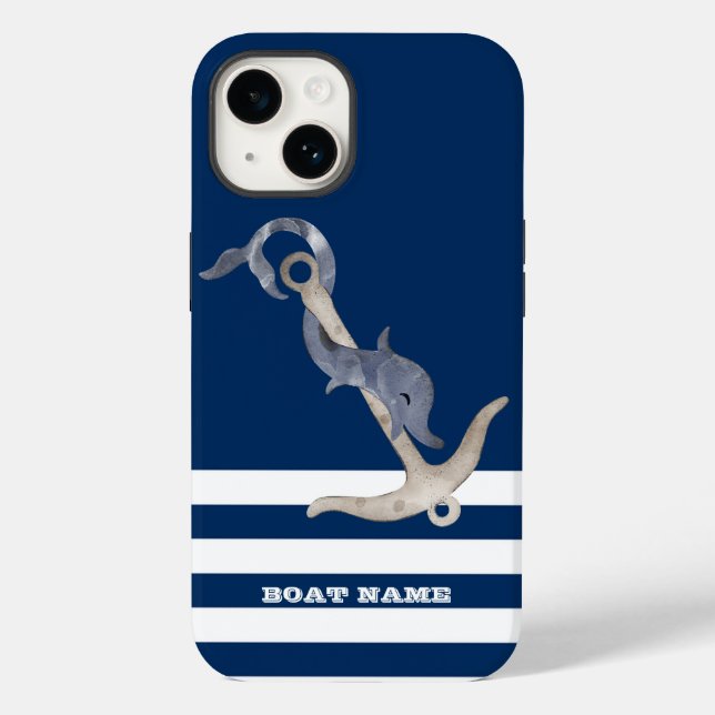 Nautical,Anchor Dolphin Navy Blue Striped  Case-Mate iPhone Case (Back)