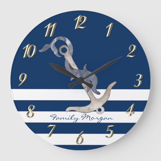 Nautical,Anchor Dolphin  Navy Blue Striped  Large Clock (Front)