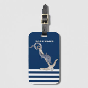Nautical, Anchor Dolphin Navy Blue Striped Luggage Tag