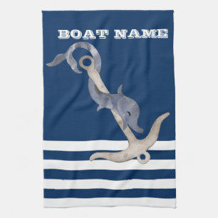 Nautical,Anchor Dolphin Navy Blue Striped Tea Towel