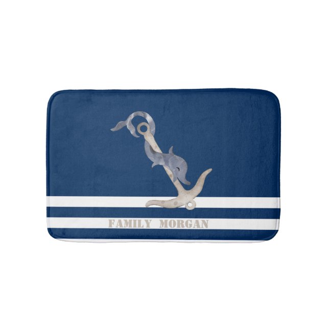 Nautical Anchor Dolphin Navy Blue Stripes Sailor  Bath Mat (Front)