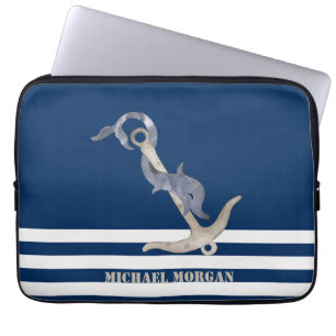 Nautical Anchor Dolphin Navy Blue Stripes Sailor   Laptop Sleeve