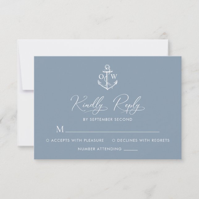 Nautical Anchor Dusty Blue Monogram Wedding  RSVP Card (Front)