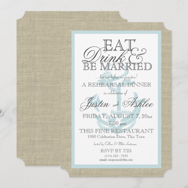 Nautical Anchor Eat Drink Married Rehearsal Dinner Invitation (Front/Back)