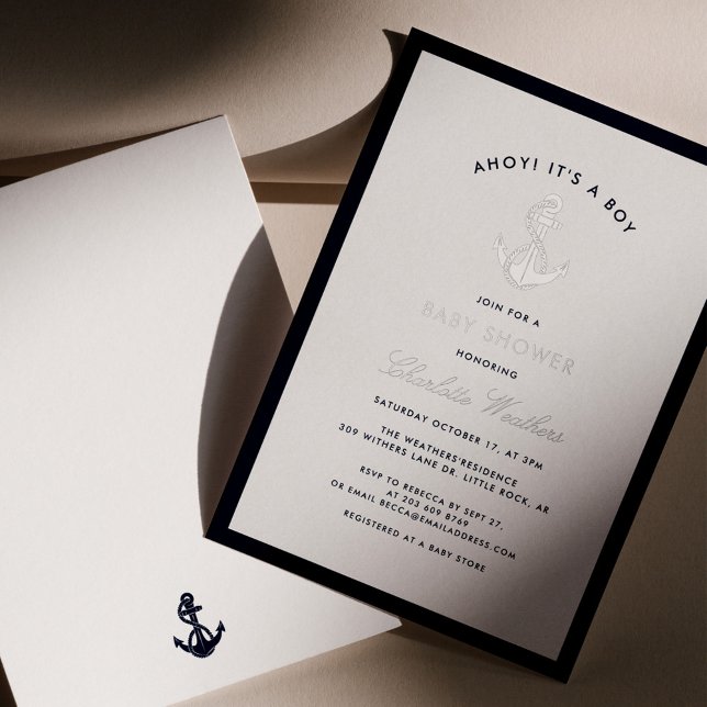 Nautical Anchor Elegant Boy Baby Shower Silver (Nautical Anchor Boy Baby Shower Silver Foil Party Invitation)