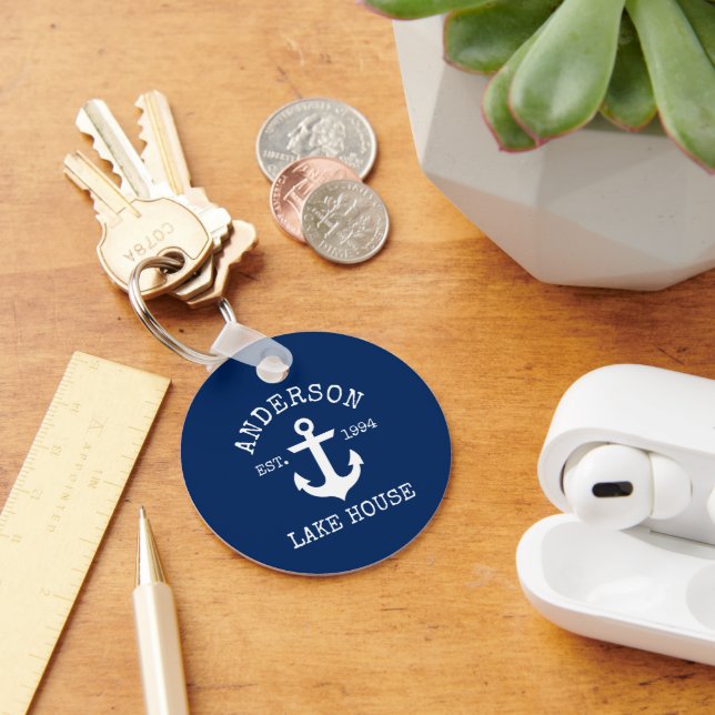 Nautical Anchor Family Lake House Navy Blue Key Ring (Desk)