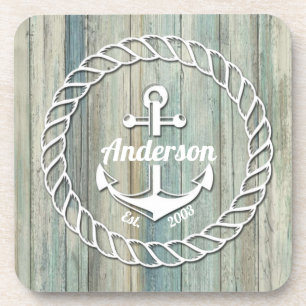 Nautical Anchor Family Name Beach House Summer   Coaster