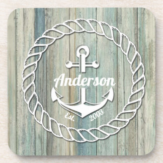 Nautical Anchor Family Name Beach House Summer Coaster