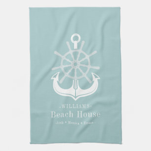 Nautical Anchor Family Name Beach House Tea Towel
