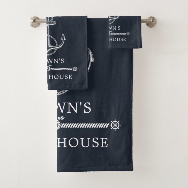 Nautical Anchor Family Name Beach or Lake House Bath Towel Set (Insitu)