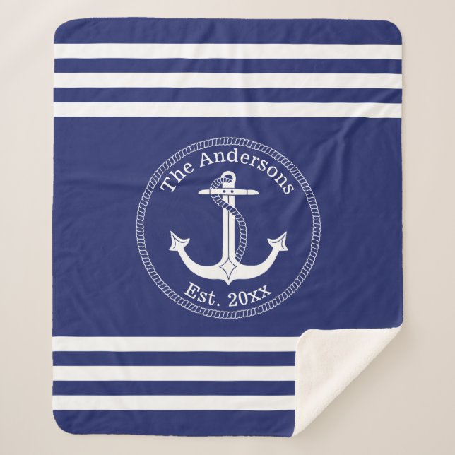 Nautical Anchor Family Name Choose Colour Sherpa Blanket (Front)