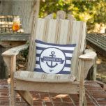 Nautical Anchor Family Name Navy Blue Stripes Cushion<br><div class="desc">Nautical anchor with navy blue stripe theme outdoor pillow.</div>